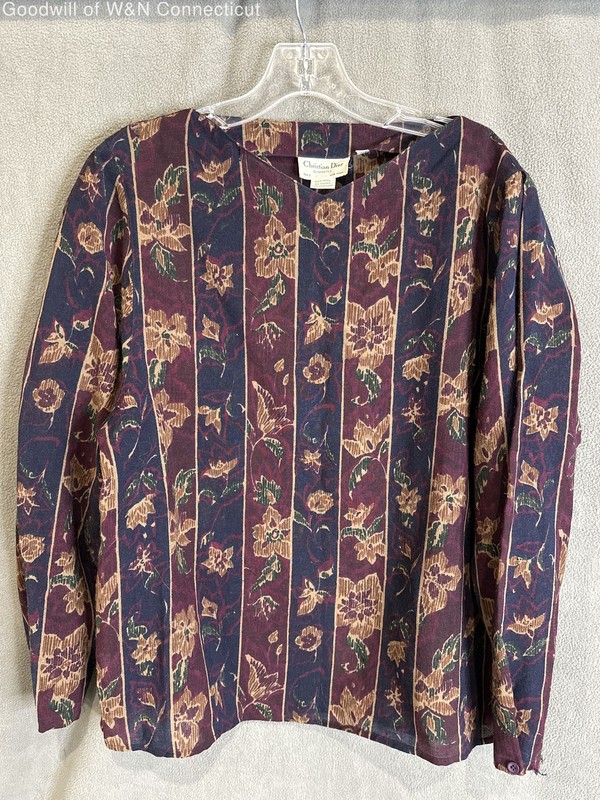 Vintage 90s Christian Dior Women's Navy Maroon Floral Wool V-Neck Blouse Sz 14