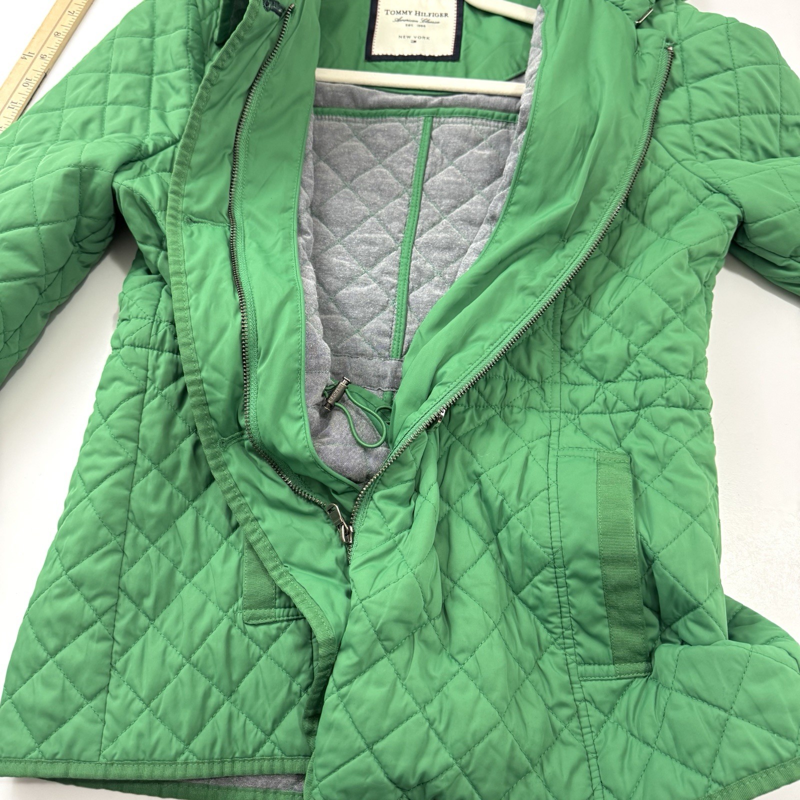 Tommy Hilfiger Women’s L Green Quilted Coat Classic Jacket Waist Tie Full Zip thumbnail 7