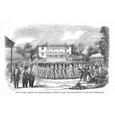 LONDON Fete auf dem Gelände von Colonel Miles im Regents Park - antiker Druck 1844