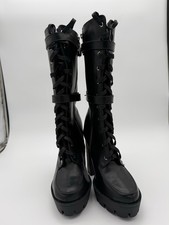 Fashion Nova Women  s Black Lace Up Knee High Platform Boots Buckle Chunky Heel