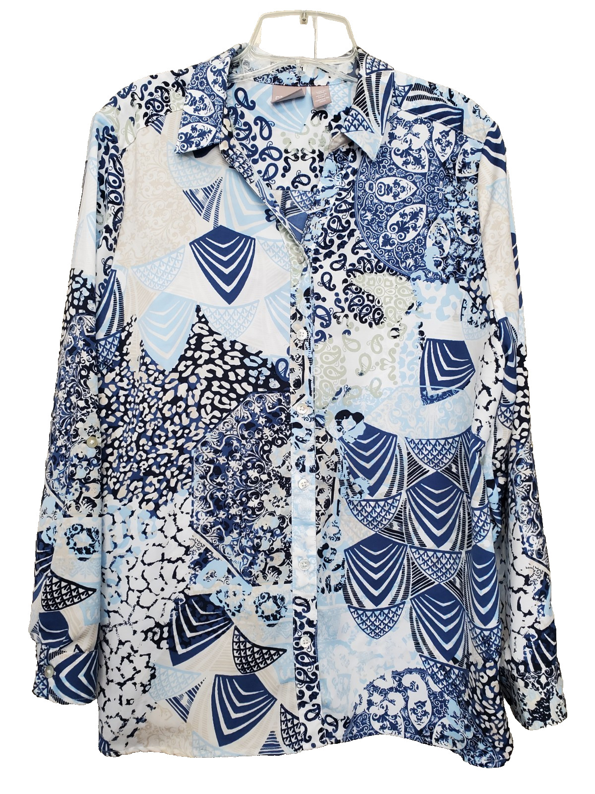 Chico's Silky Patchwork Mixed Pattern Roll-Tab Sl… - image 1