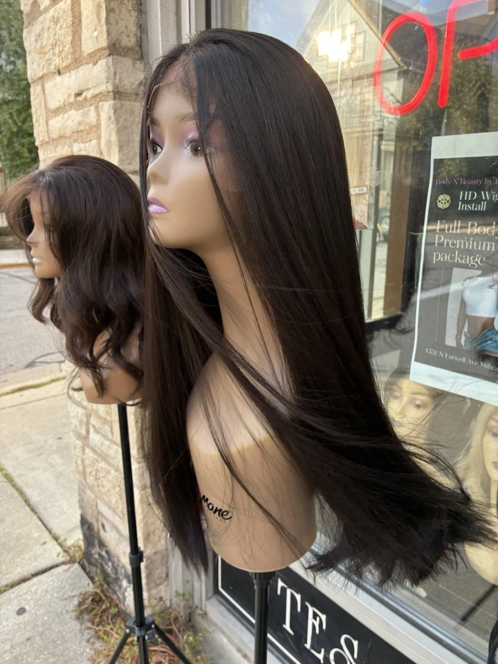 Peluca larga marrón, encaje completo a mano, cosida, mezcla de cabello humano Foto 2 de 4