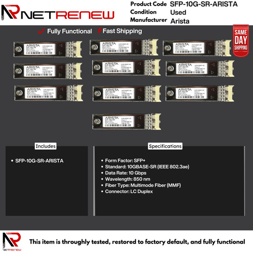 **Lot of 10** Arista SFP-10G-SR  Transceiver XVR-00001-02  10gbase-SR 850Nm SFP+