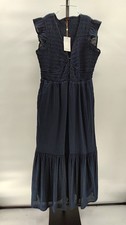 Quince Women Organic Textured Cotton Smocked V-Neck Midi Dress Navy M