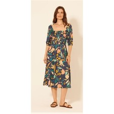 Bila 77 Floral Smocked Midi Dress Navy Blue Tropical Puff Sleeve XS NEW