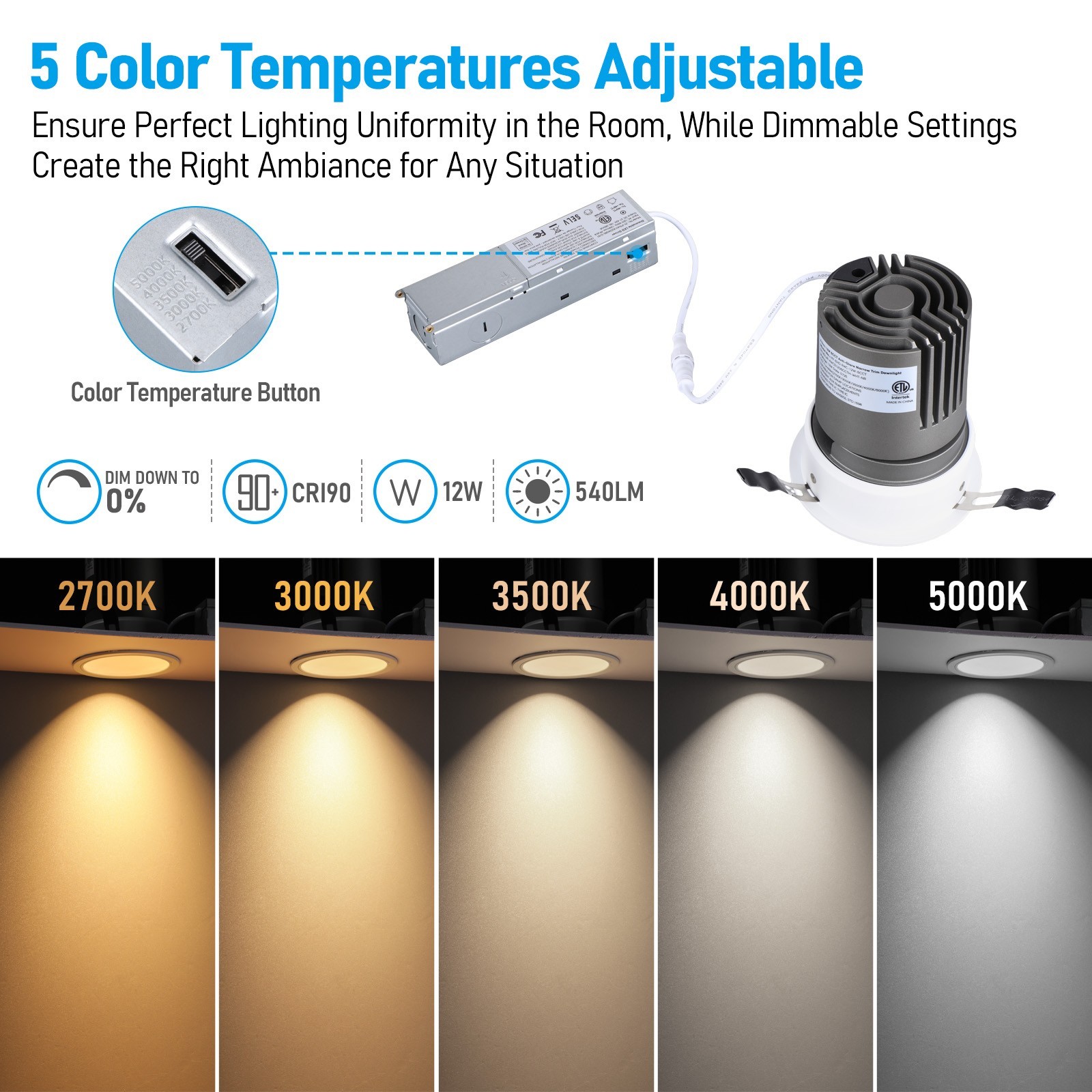 6 Pack 4-Inch 5CCT Anti-Glare LED Recessed Lights, Trimless Gimbal Downlight