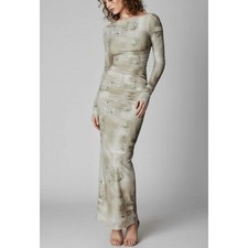 $255 HOUSE OF CB Lanetta Long Sleeve Maxi Dress, Pale Sage Print, XS