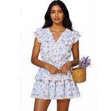 LoveShackFancy Lou Double Ruffle Lavender Floral Retro V Neck Mini Dress Size S 