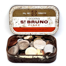 ST BRUNO FLAKE Tobacco Tin Of Coins (all kinds of everything) VINTAGE RARE++