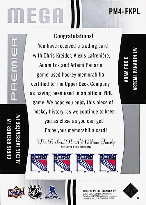 2023-24 UD Premier Mega Quad Jersey #PM4-FKLP Lafreniere Panarin Fox Kreider /15 — 第 3/4 张图片