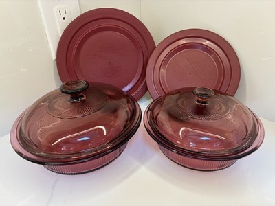  Corning Visions Cranberry Glass Casserole Set w/ Lids V-31-B V-30-B USA