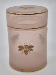 Antike Glasdose mit Deckel Roséglas Insekten Dekor Goldstaffierung Prunkdose