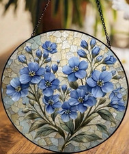 Round Blue  Clear Floral Stained Glass Style Hanging Window Panel Suncatcher