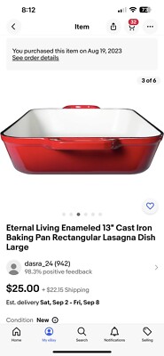 Eternal Living Enameled 13'' Cast Iron Baking Pan Rectangular Lasagna Dish Large