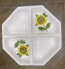 Vintage MCM Georges Briard Sunflower Serving Dish Divided Plate Chip Dip Hexagon
