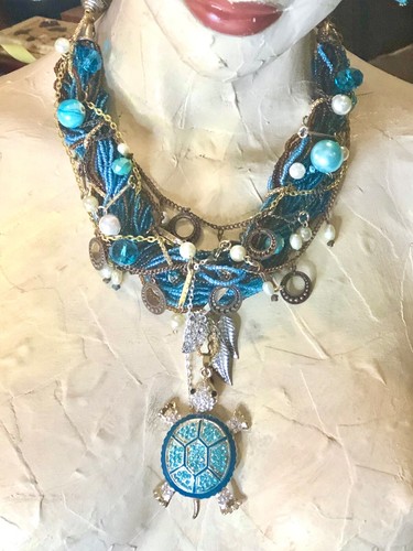 OOAK Blue Turtle Reworked Jewelry Collage Artisan Statement Necklace Earring Set - Picture 13 of 15