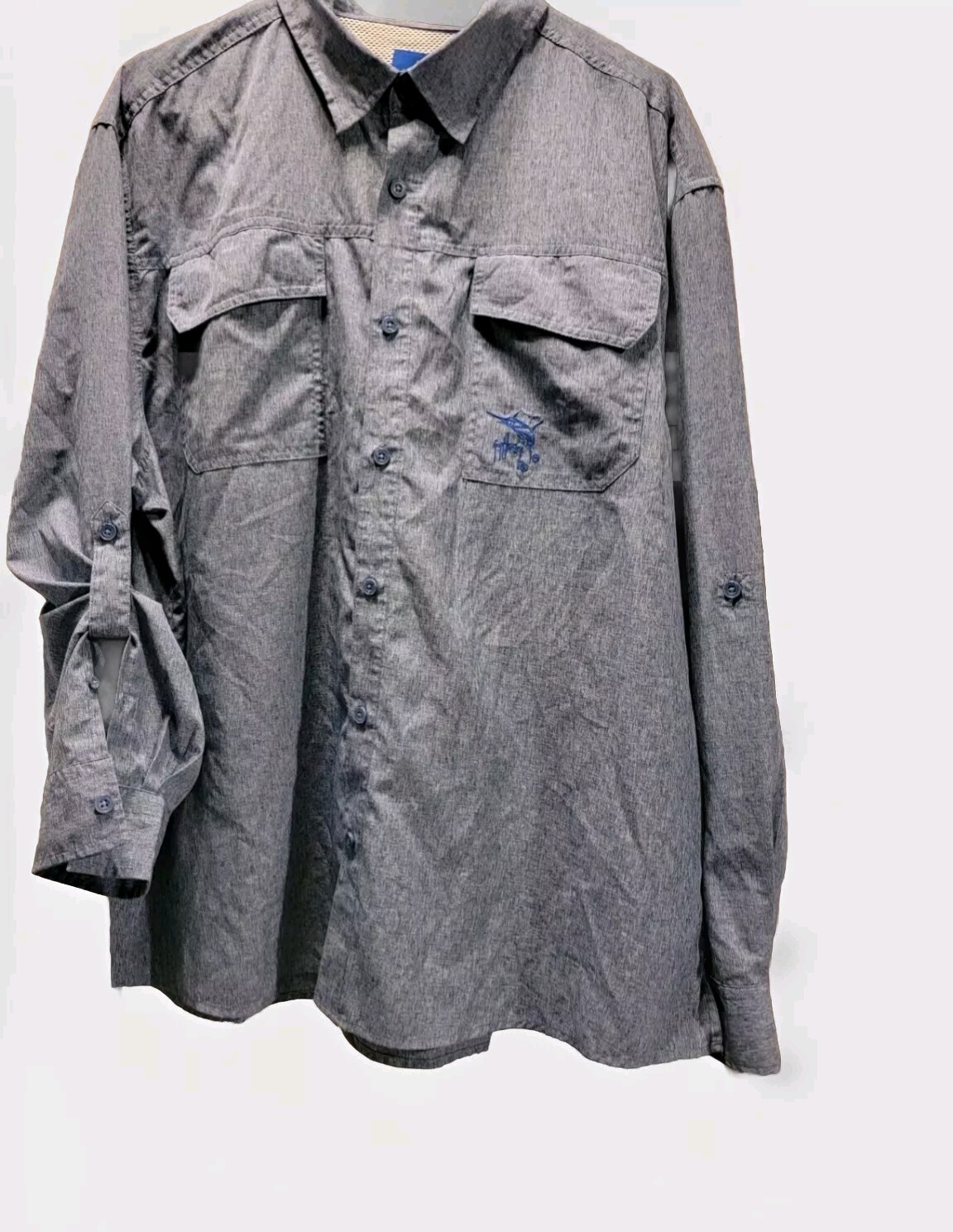Guy Harvey Mens Button Up Shirt XL Gray/Blue Long Sleeve Fishing Vented