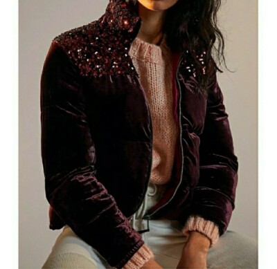 Anthropologie Maeve Vera Sequined Velvet Puffer Jacket Size S
