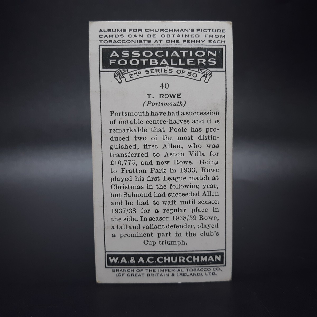 td rowe tobacco 1939 Churchman Association Footballers #40 Tommy Rowe Tobacco Cigarette  Card