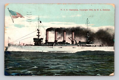 USS Charleston C-22 Protected Cruiser Bremerton Naval Yard Port Side Postcard