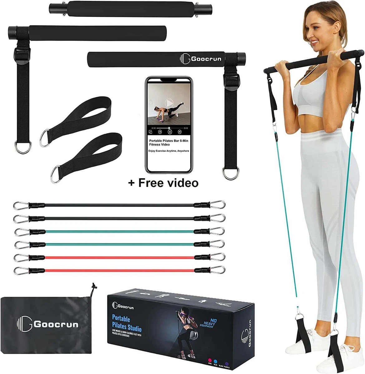 Goocrun Portable Pilates Bar Kit with Resistance Bands for Men and