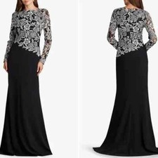 Tadashi Shoji Black Ivory Embroidered Floral Lace Crepe Gown Size 6 538