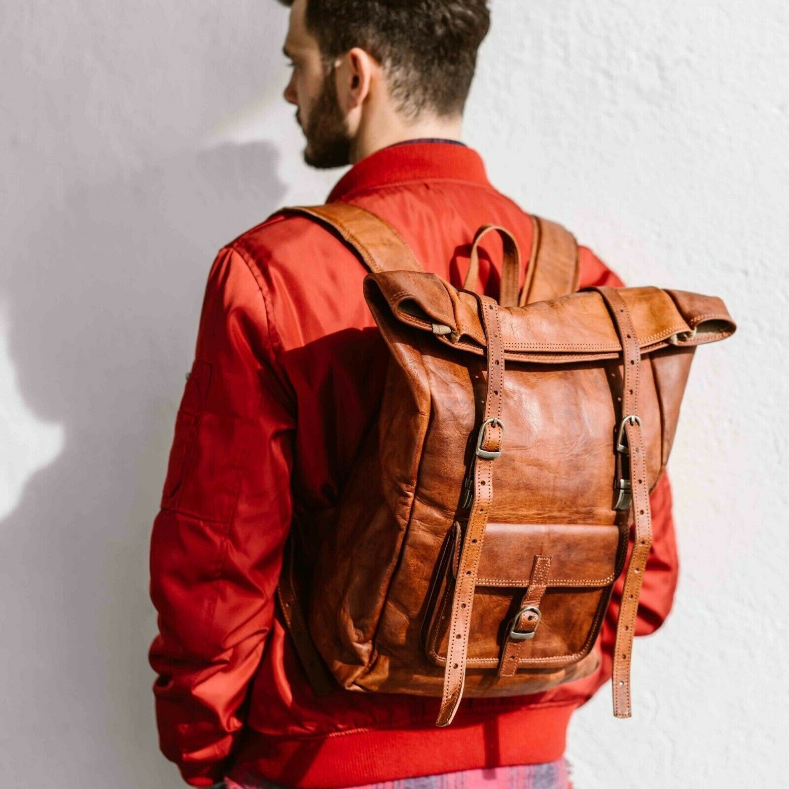 Vintage Leather Rucksack Backpack Genuine Mens Travel Messenger Bag
