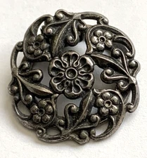 Vintage Ornate Sasa Floral Clip On Scarf Pin/Brooch 1" Diameter