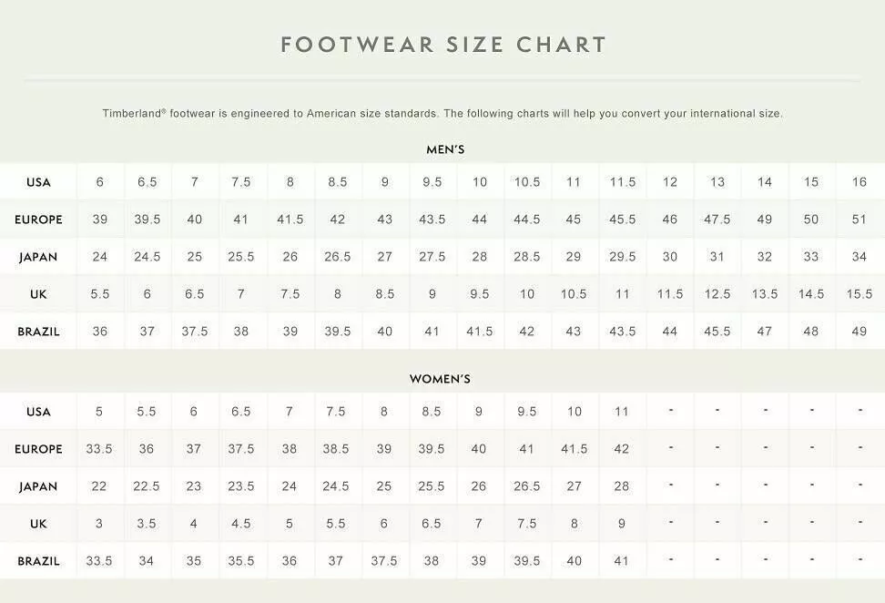 Timberland women's on sale shoe size chart