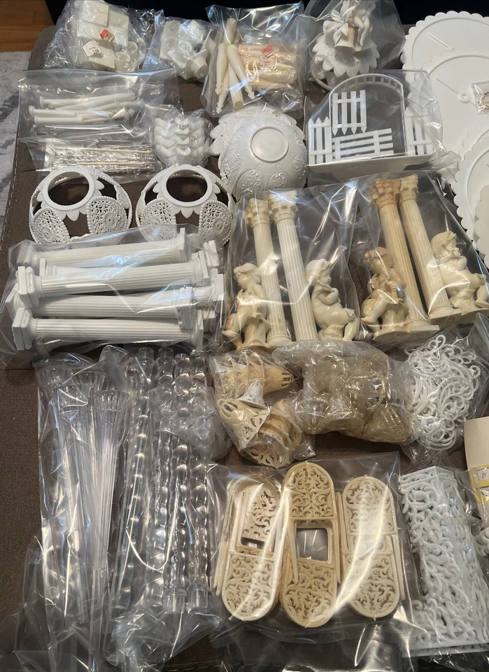 Vtg Wedding Cake Decor Mix Lot 200+Pc Trays Columns Topper Bells Decor 70’s-80’s - Image 2 of 4