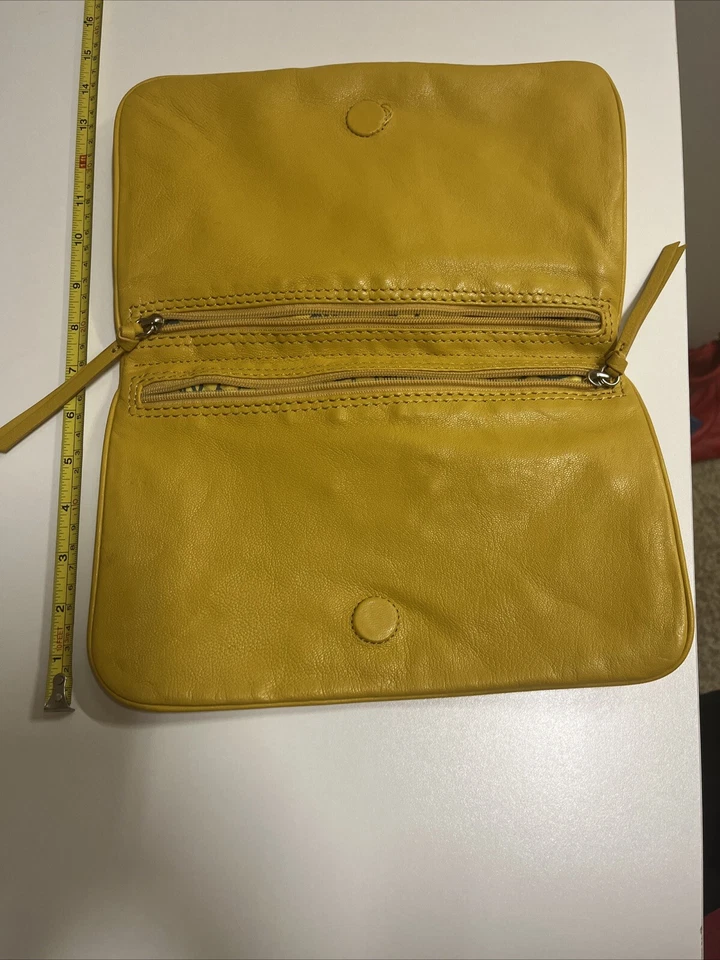 Gianni Bini Clutch Purse Yellow 11X7” Fold-over Magnetic Closure Zipper Pockets - Image 3 of 4