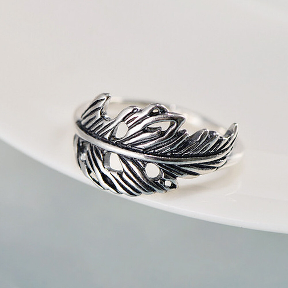 Oxidized Feather Ring 925 Sterling Silver Pinkie Thin Band Men