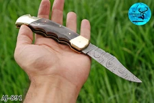 HAND MADE DAMASCUS STEEL FOLDING BLADE POCKET KNIFE W/ CAMEL BONE HANDLE 891