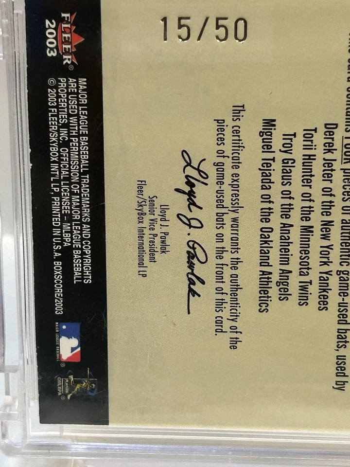 Fleer Box Score Bat Rack 2003 juego usado Quad Bat Jeter/50 Hunter Glass Tejada Foto 3 de 4
