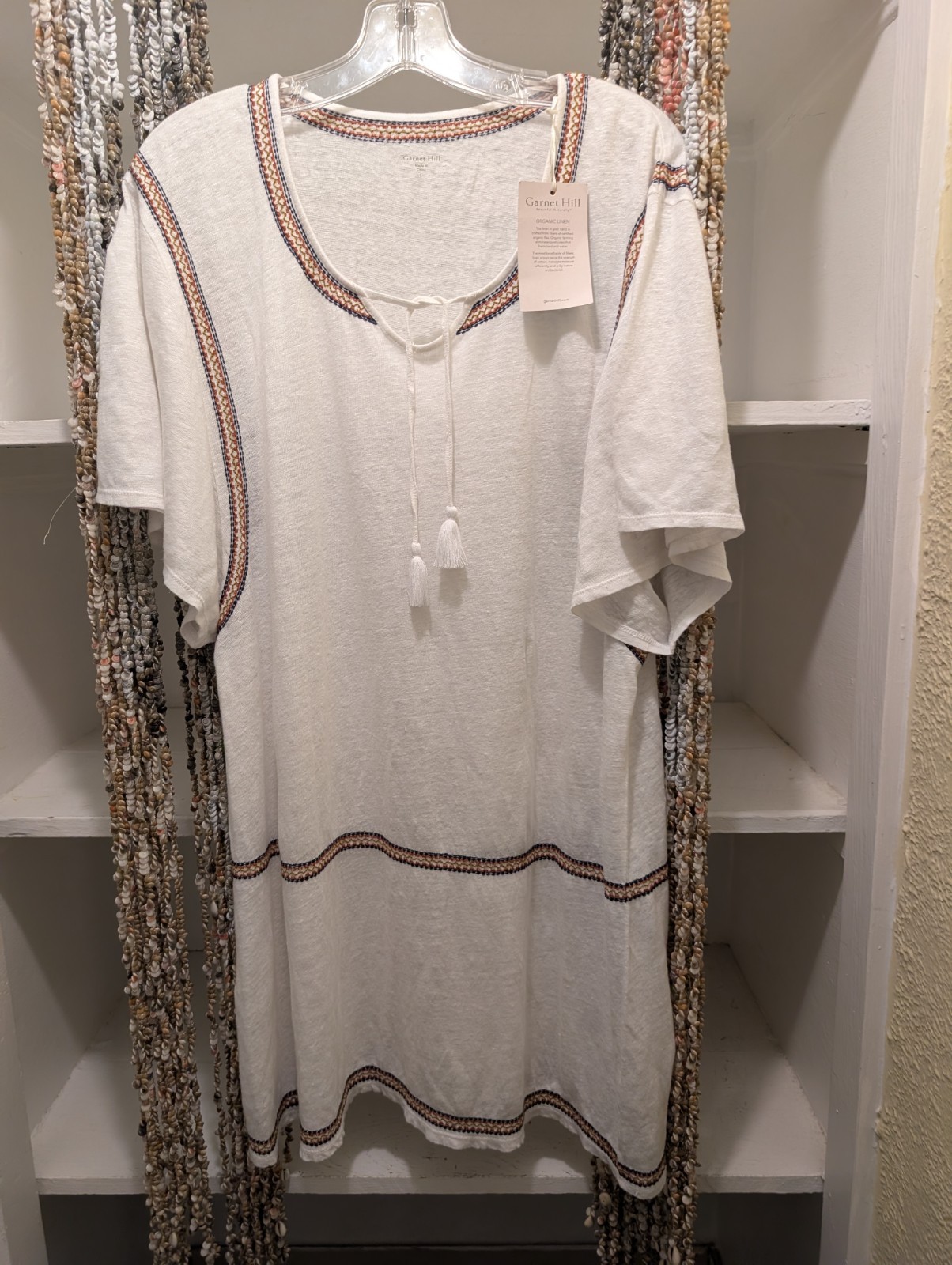 Garnet Hill Size L White/Multi Organic Linen Tassel Shift Dress - NEW w/tags