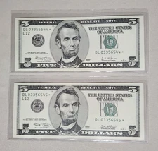 (2) $5 UNC DL Consecutive Numbers Federal Reserve STAR Notes 2003 Low Run 320K