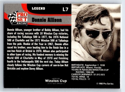 1992 Pro Set Winston Cup - Legends Donnie Allison #L7 for sale