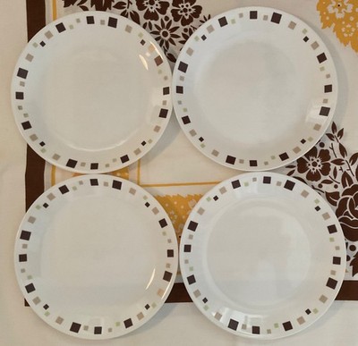 CORELLE BY CORNING 'GEOMETRIC' 4~10.25'' DINNER PLATES BROWN, TAN, GREEN SQUARES