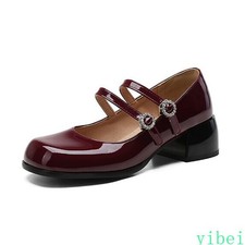 Mary Jane Women's Chunky Heel Shiny Leather Office Dress Formal Shoes Rhinestone