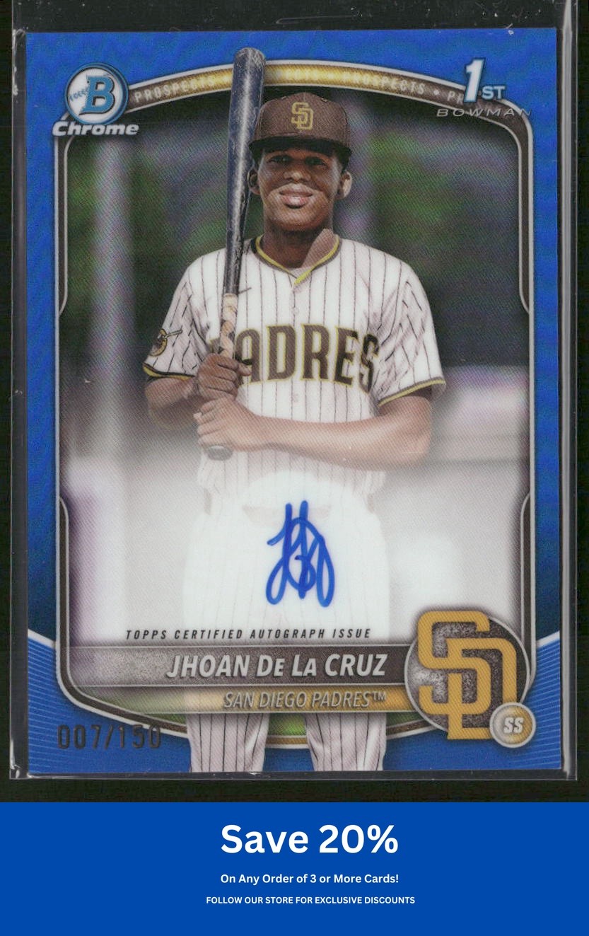 Jhoan De La Cruz 2025 Bowman Chrome #CPA-JDL Prospect Autographs Blue #/150 AC6