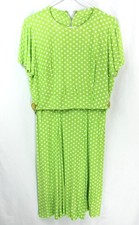 Vintage Green and White Polka Dot Pleated Short Sleeve Midi Dress Sm 1960s