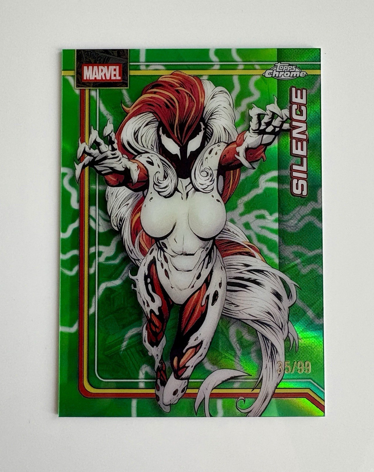 Silence #83/99 Green Refractor Storm’s Lightning Topps Chrome 2026 Marvel #155