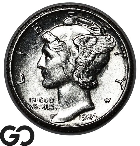 1924-S Mercury Dime, Scarce This Nice, Choice BU++ Key Date San Francisco Issue