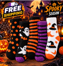 Halloween Fuzzy Socks for Women, Fluffy Cozy Winter Slipper Socks 5 Pairs
