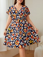 Women Plus Size Dress Printed Short Sleeved Elastic Waist Casual Dress HMBM