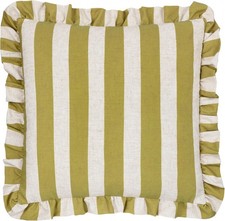 furn. Linen Stripe Printed Ruffle Cushion Cover - Linen/Olive - 50x50cm
