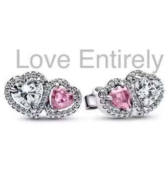 S925 Sterling Silber gepunzt rosa/klar erhöht Heiligenschein Herzen Ohrstecker