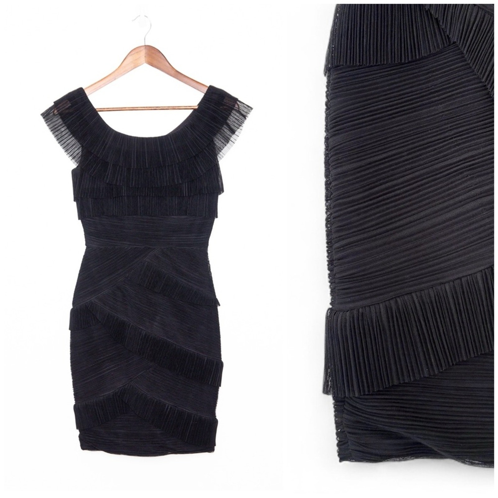 BCBG Pleated Ruffle Mini Dress Size 2 Black Sheath Formal Cocktail HOCO Prom