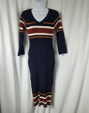 Pink Rose Dress Womens Medium Blue Striped V Neck Sweater Bodycon Midi