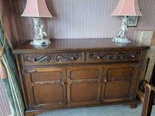 Vintage Carved Oak Sideboard H33" W55" D19"  2 Drawers 2 Doors 2 Shelves  VGC